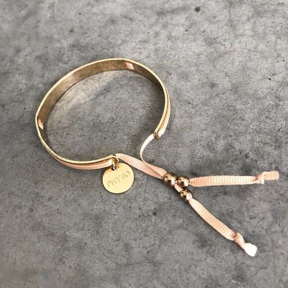 Phyto Beige Gold Bangle Beaded Ribbon Bracelet - Picture 1 of 8